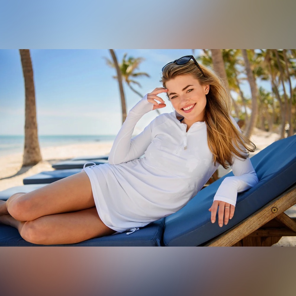 Snapper Rock White Ruched Long Sleeve Swim Dress